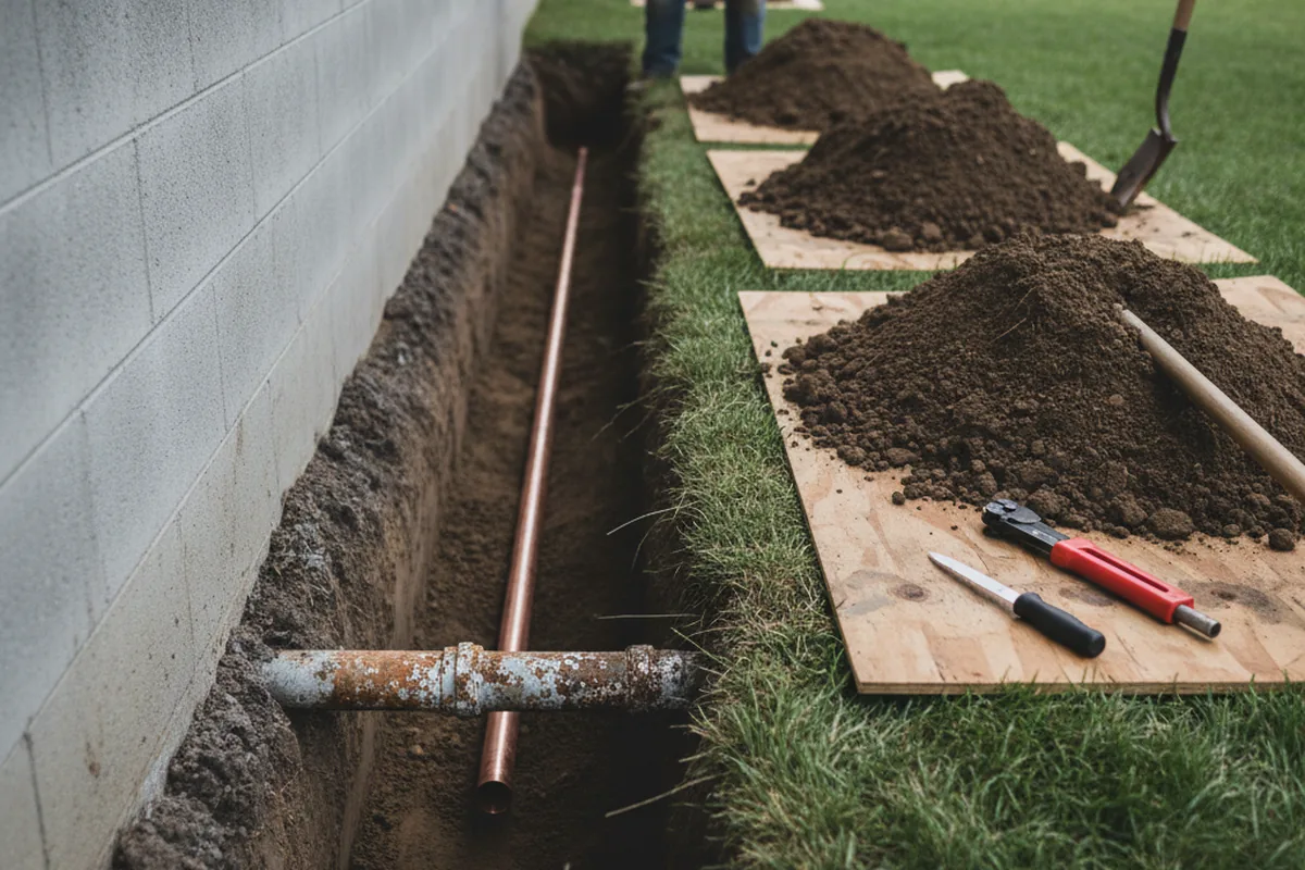 Excavated water line trench during Sewer Line Repair in Skellytown